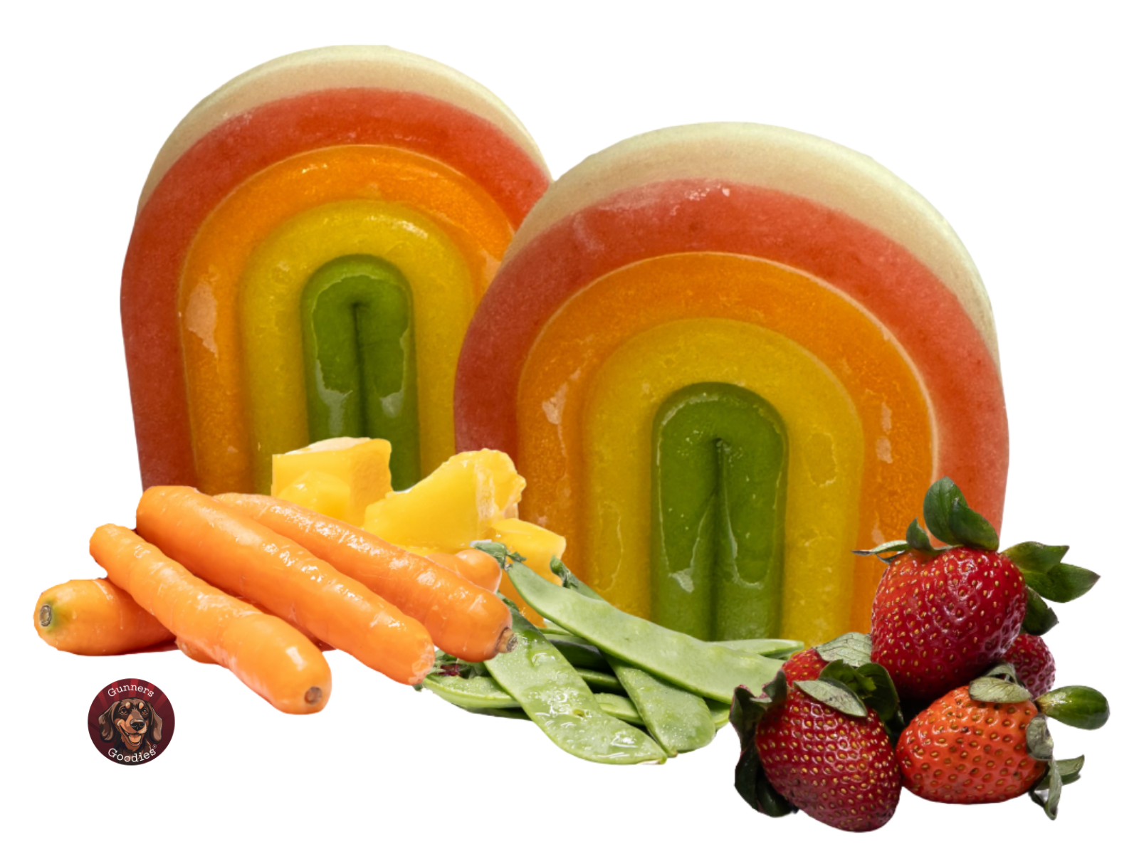 Gunners Goodies fruit and veggie rainbow frozen dog treats. Made with strawberries, carrots, mango, peas, coconut water and greek yoghurt