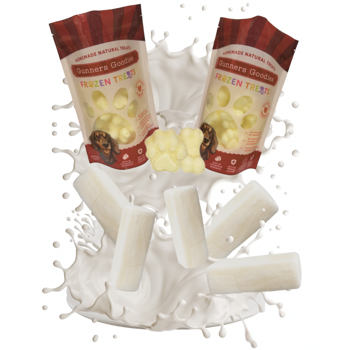 Gunners Goodies frozen yoghurt dog treats in assorted shapes