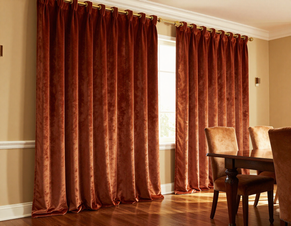 Beige and orange plaid valance hanging over a kitchen window with a shelf and cabinets below