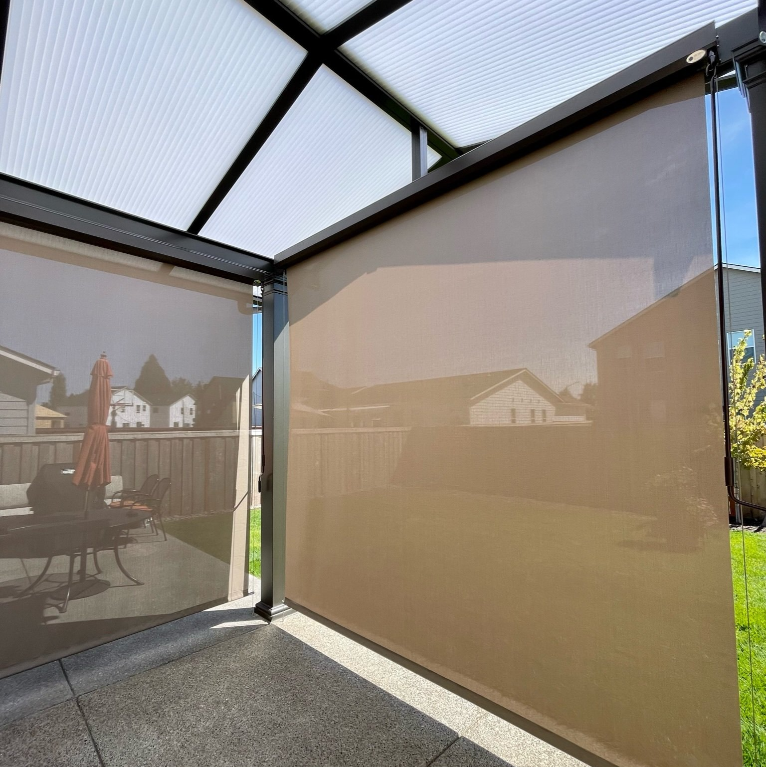 Portland Patio Cover with Cable Shade System - Shad Halfway Down on Patio Cover