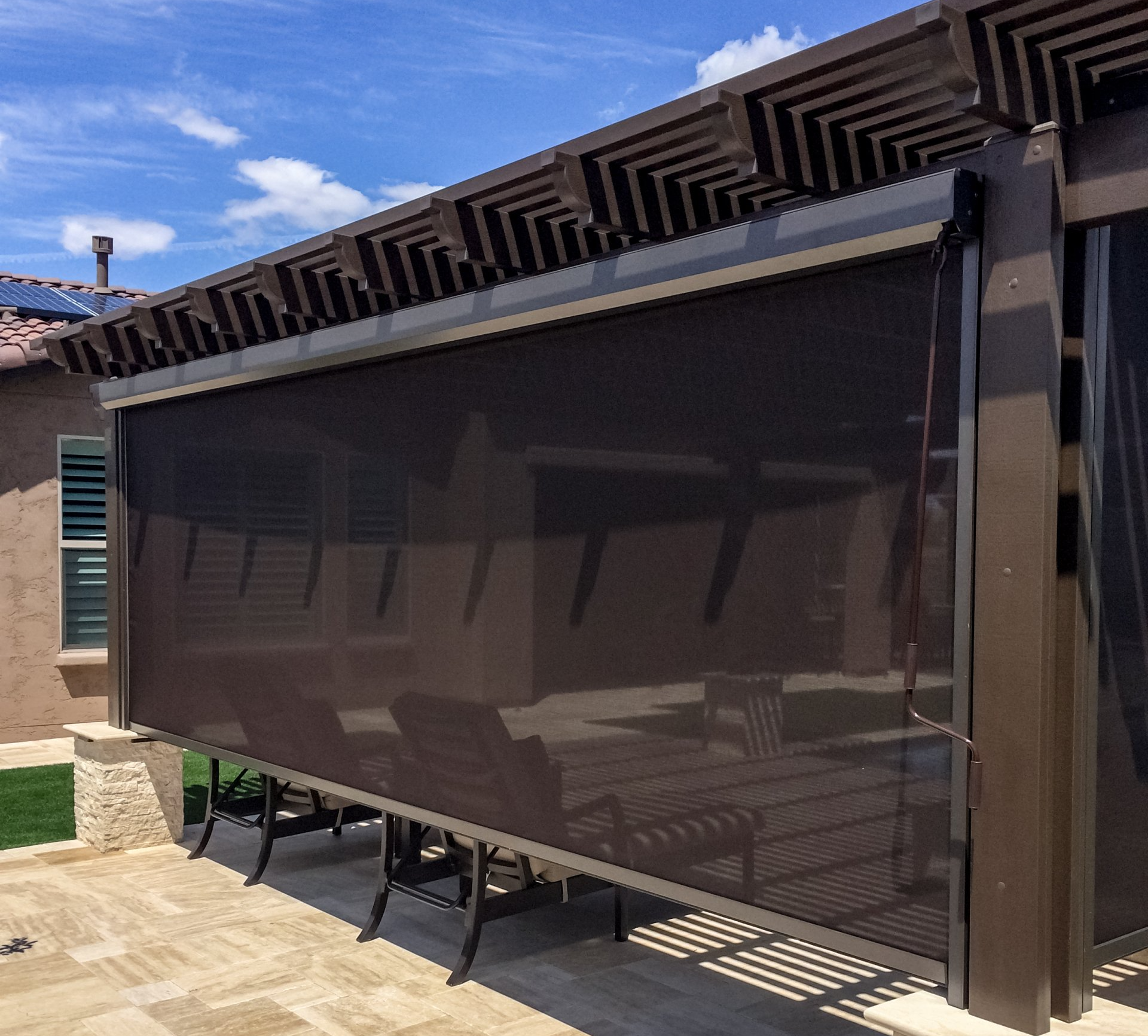 Portland Patio Cover with Track Shade System - Shad Down on Patio Cover
