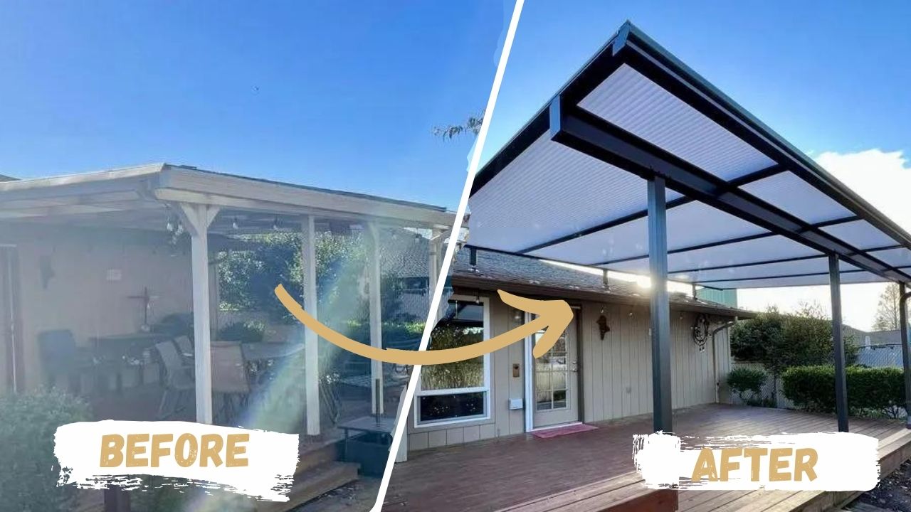 Before and After Shed Brown Patio Cover Installation in Beaverton, OR