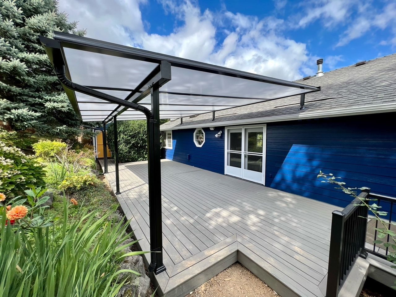 Shed style Acrylite acrylic patio cover installed by Crown Patio Covers inn Portland, OR