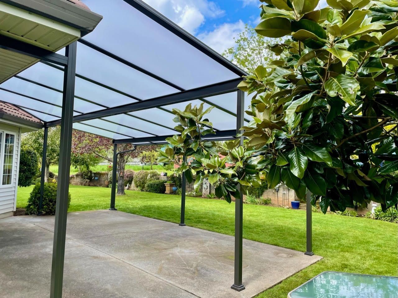 Shed style patio cover installed by Crown Patio Covers