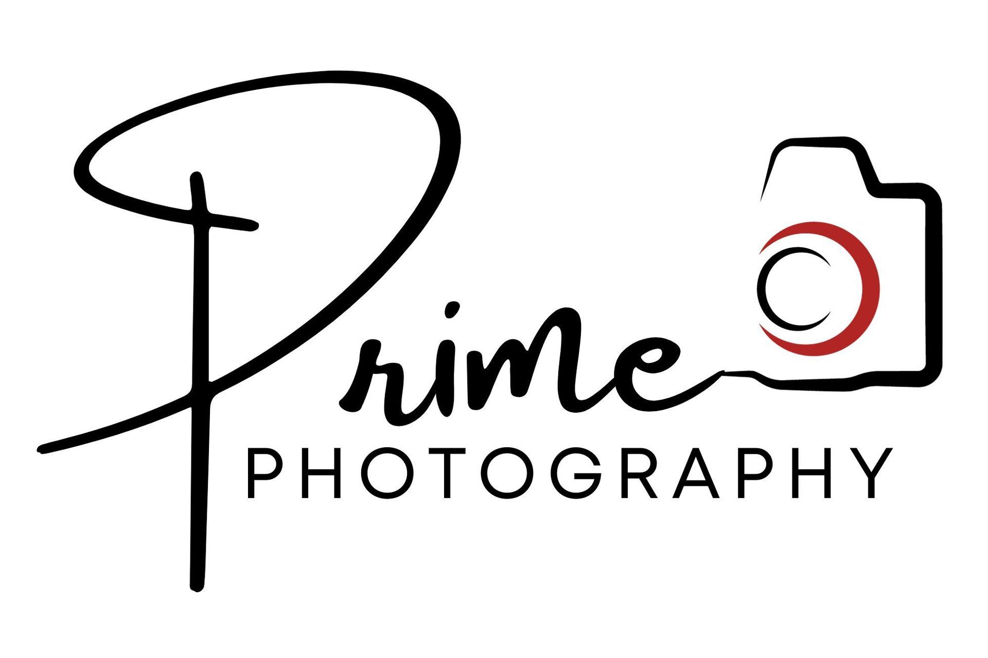 Prime Photography logo with black script text and a red camera icon on white background