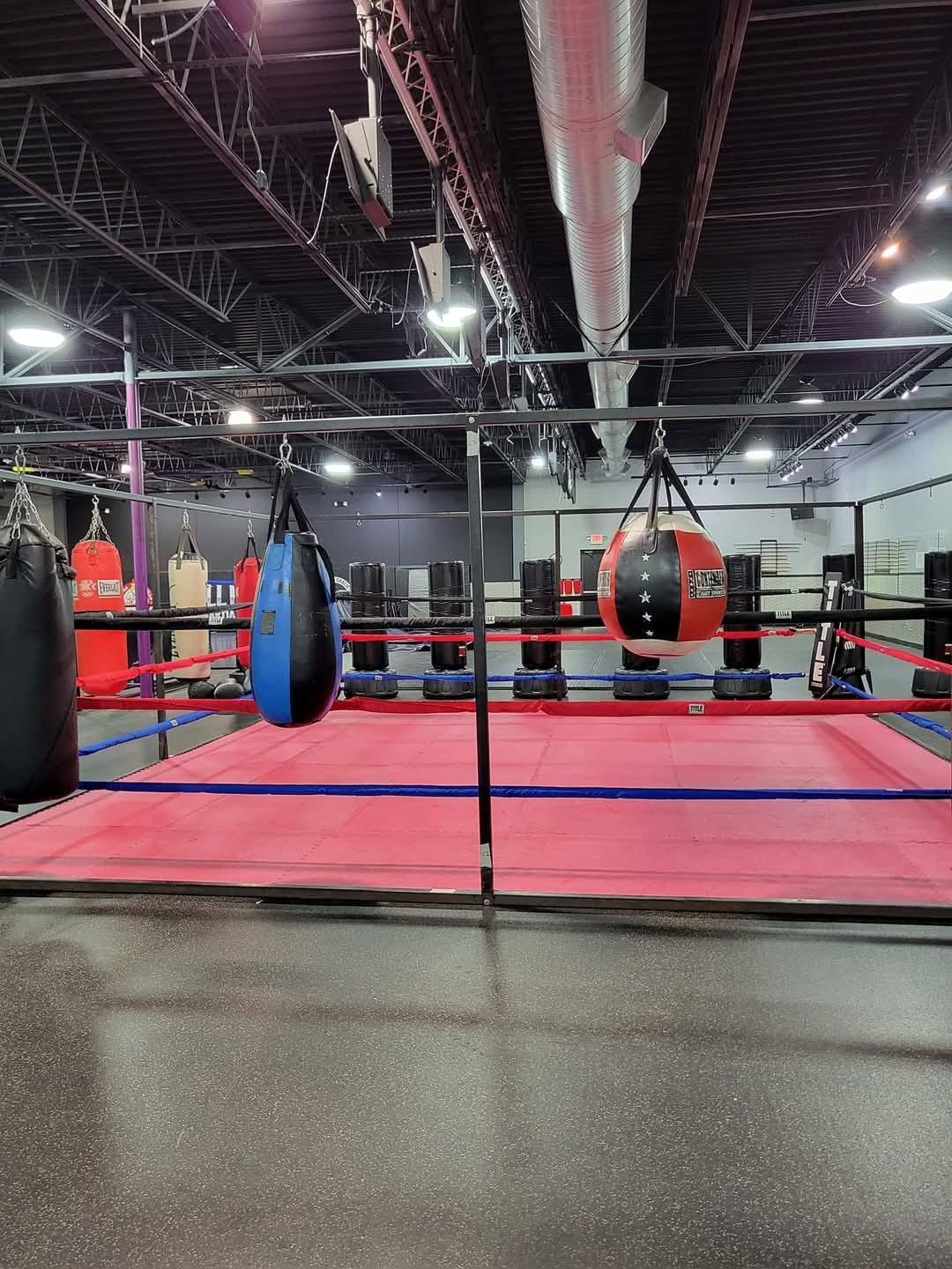 Empty boxing gym with red mats, hanging punching bags, and ring ropes under bright overhead lights