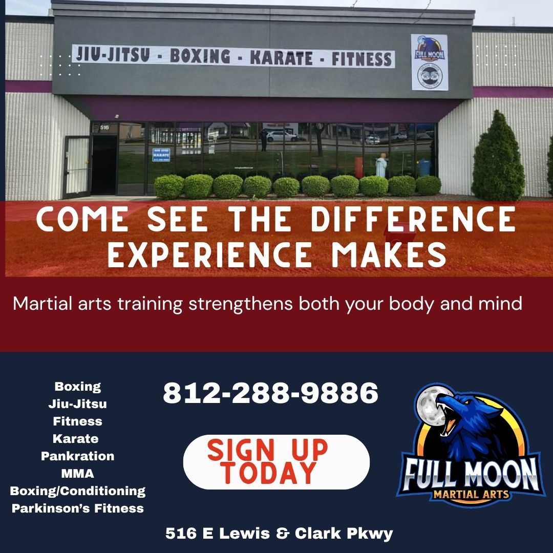 Martial arts school with text: Jiu-Jitsu, boxing, karate, fitness, and phone number. 