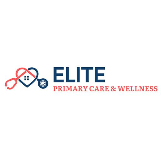 Elite Primary Care & Wellness logo with red and navy stethoscope icon and blue text