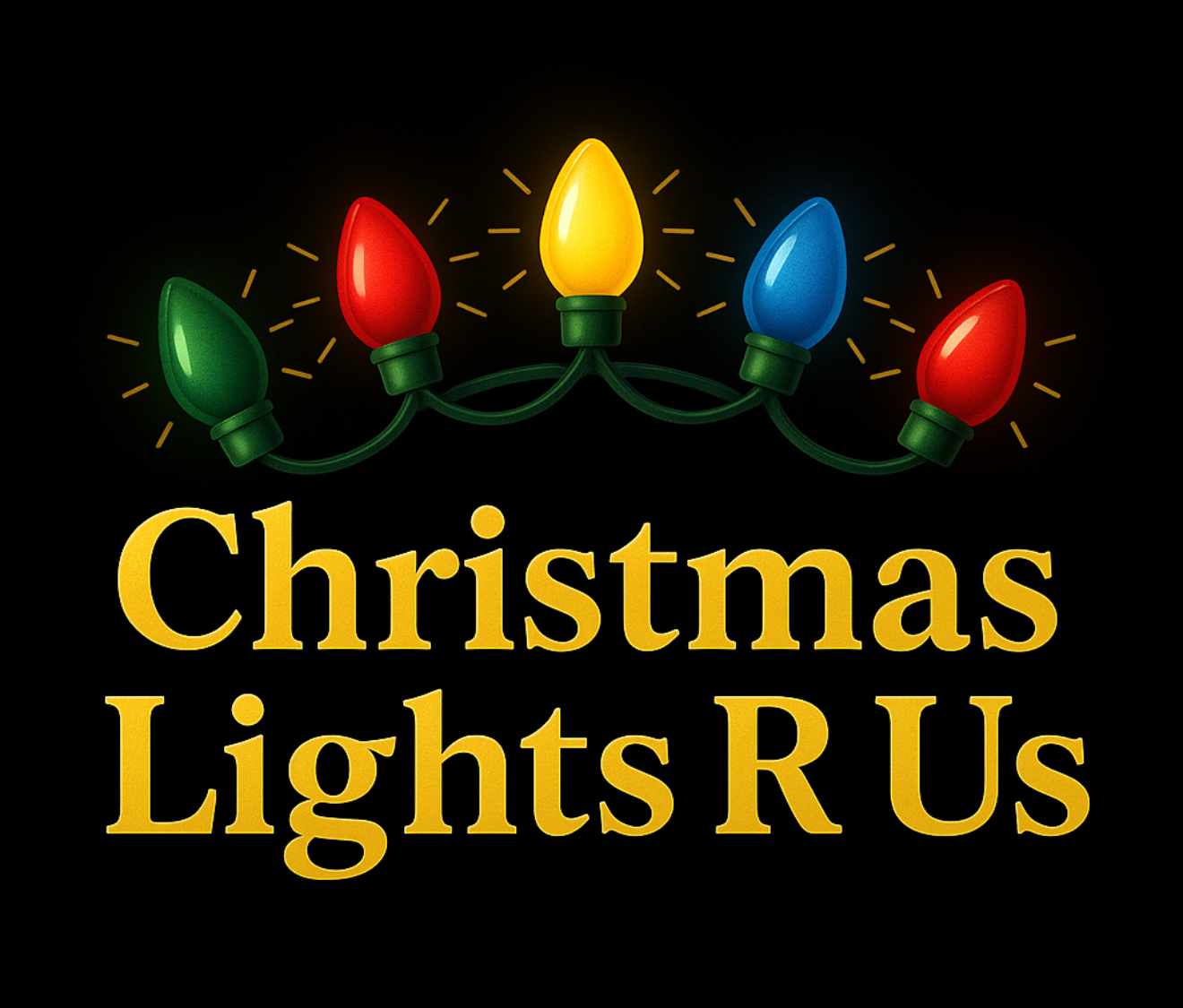 Christmas Lights R Us logo with colorful string lights on a black background.