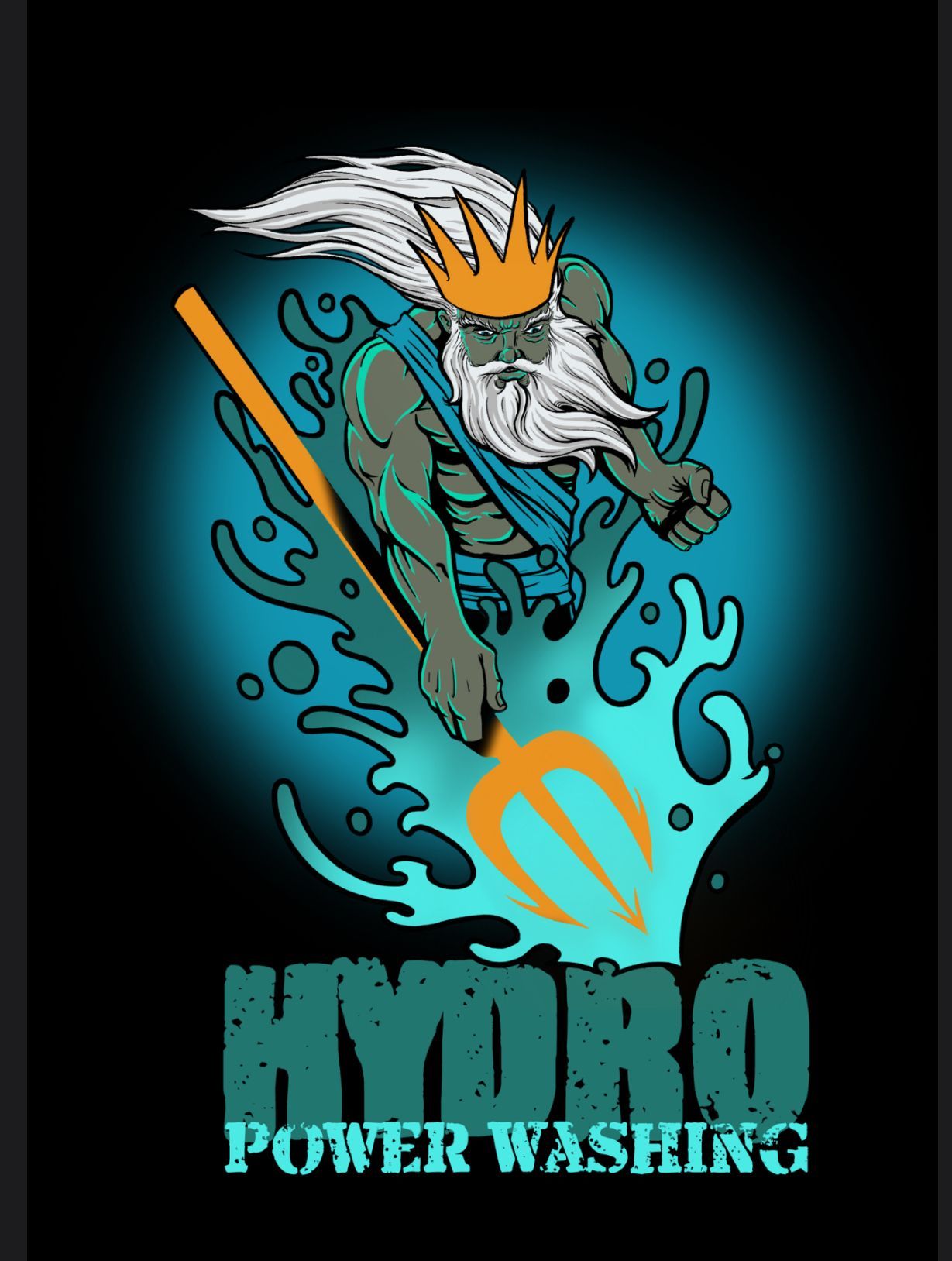 Poseidon with trident in water, advertisement for Hydro Power Washing.