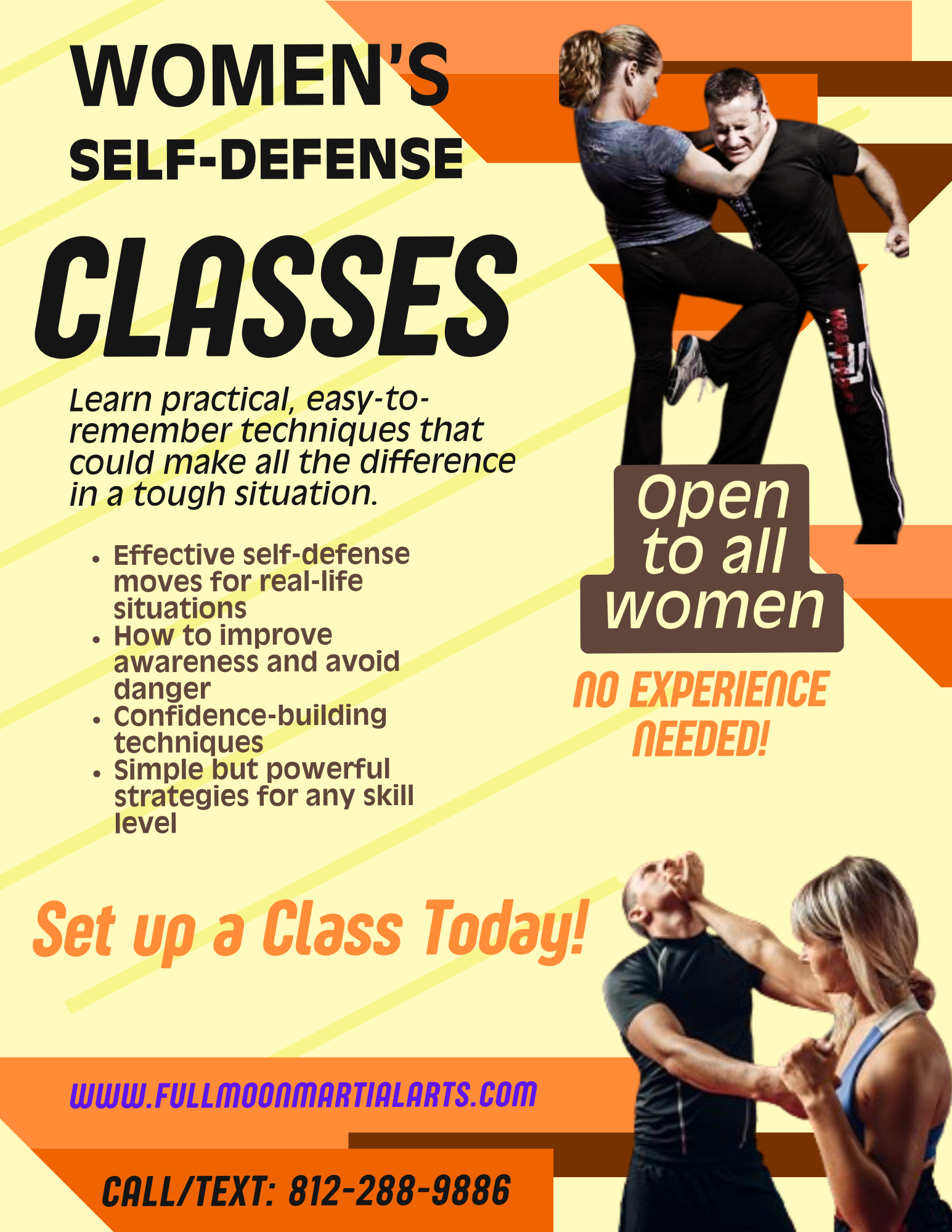 Poster: Women's self-defense classes. Demonstrations, text, and contact information, open to all women, no experience needed.
