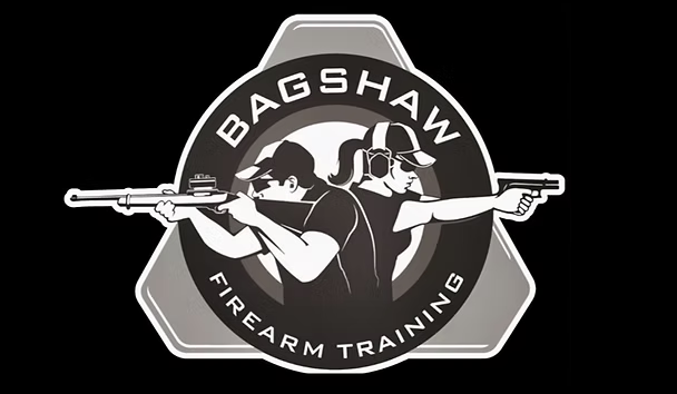 Logo for Bagshaw Firearm Training. Silhouette of two people, one rifle, one handgun, aiming.