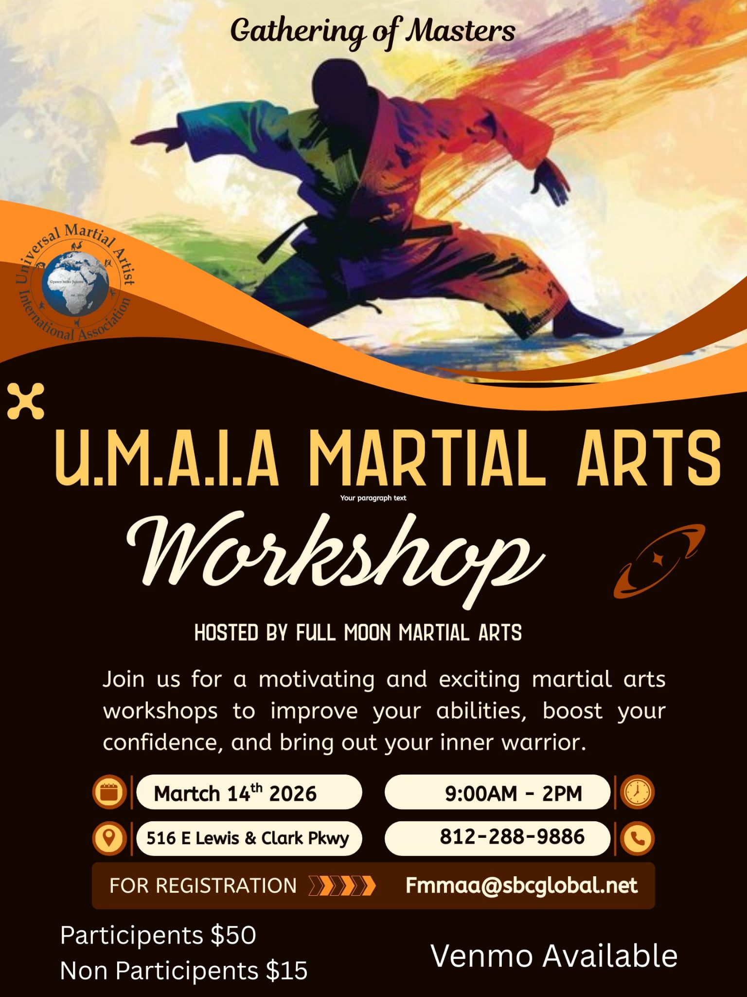U.M.A.I.A Martial Arts Workshop poster with martial artist silhouette and event details on dark orange background
