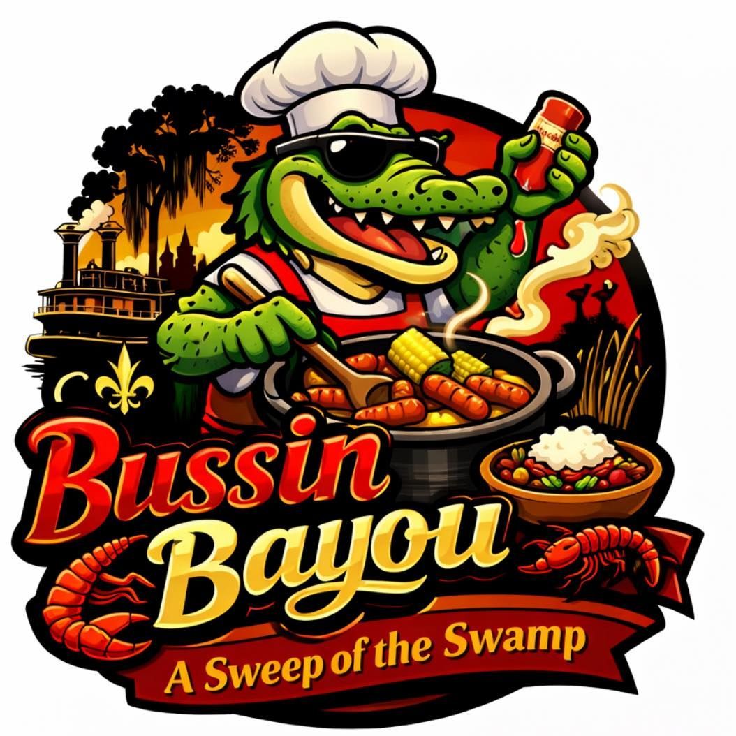 Bussin Bayou logo with smiling green alligator chef, swamp scene, and slogan “A Sweep of the Swamp”