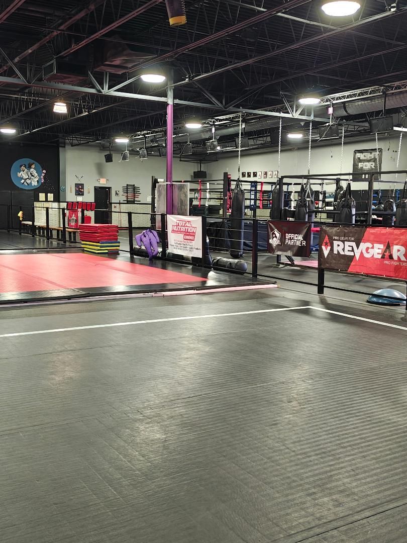 Indoor gym with padded flooring, netted training area, and red mats under bright lights