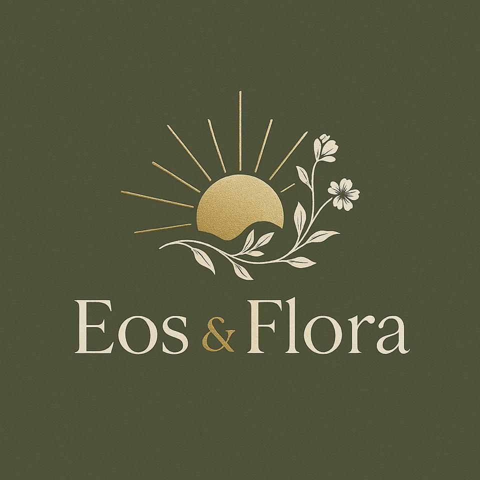 Gold sunburst and floral design, olive green background, 