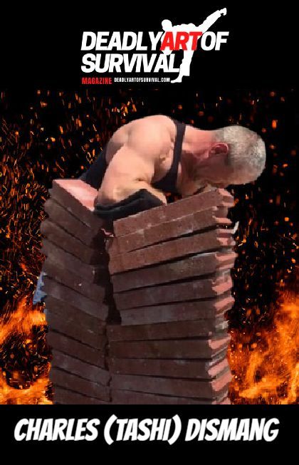 Man breaking bricks with his body, with fire background. Text 