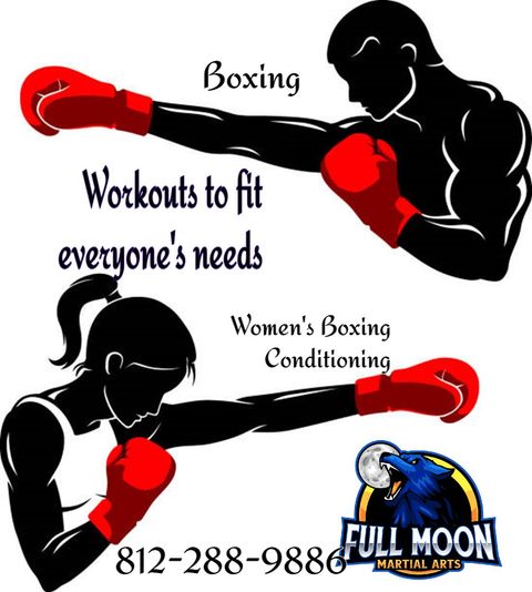 Boxing and Women's Boxing Conditioning ad. Silhouettes in action with red gloves. 