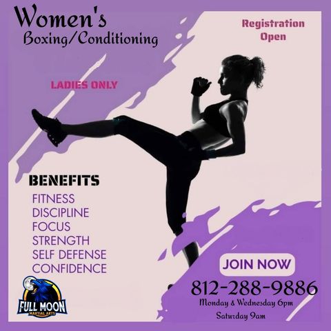 Poster for women's boxing/conditioning. A woman kicks. 