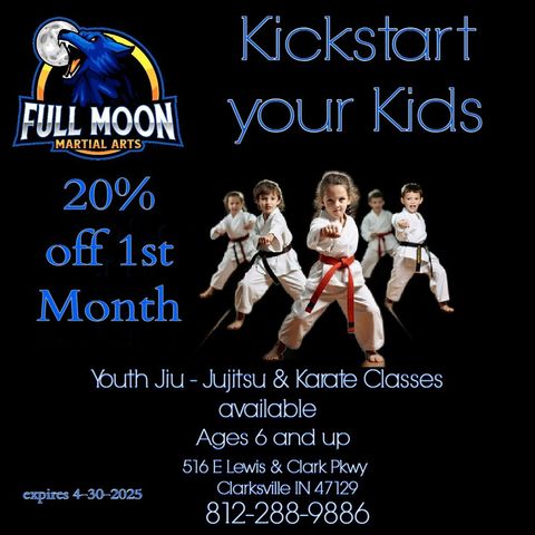 Advertisement for Full Moon Martial Arts, offering youth Jiu-Jitsu & Karate classes. 