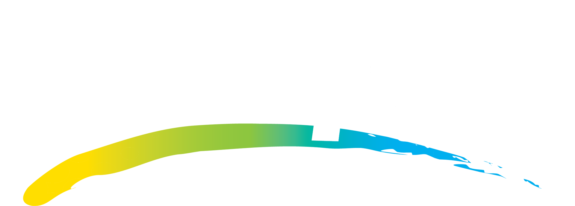 A stylized, colorful arch, yellow to blue, with a small white rectangle.
