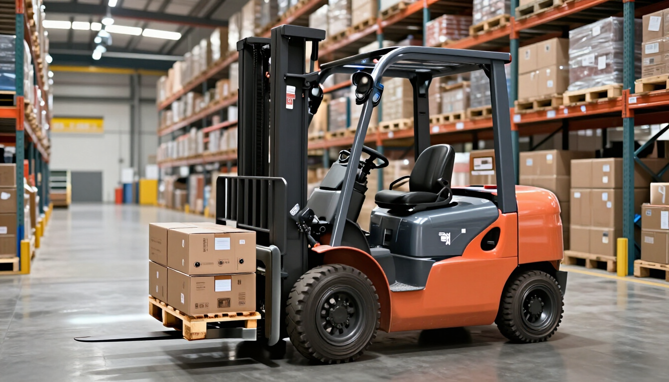 Carretilla elevadora naranja levantando cajas apiladas en un pasillo de almacén