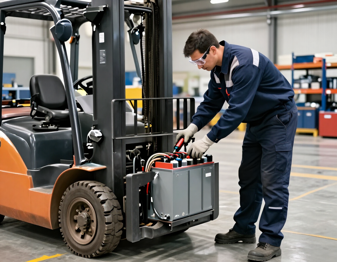 Técnico inspeccionando la batería de una carretilla elevadora en el taller de un almacén