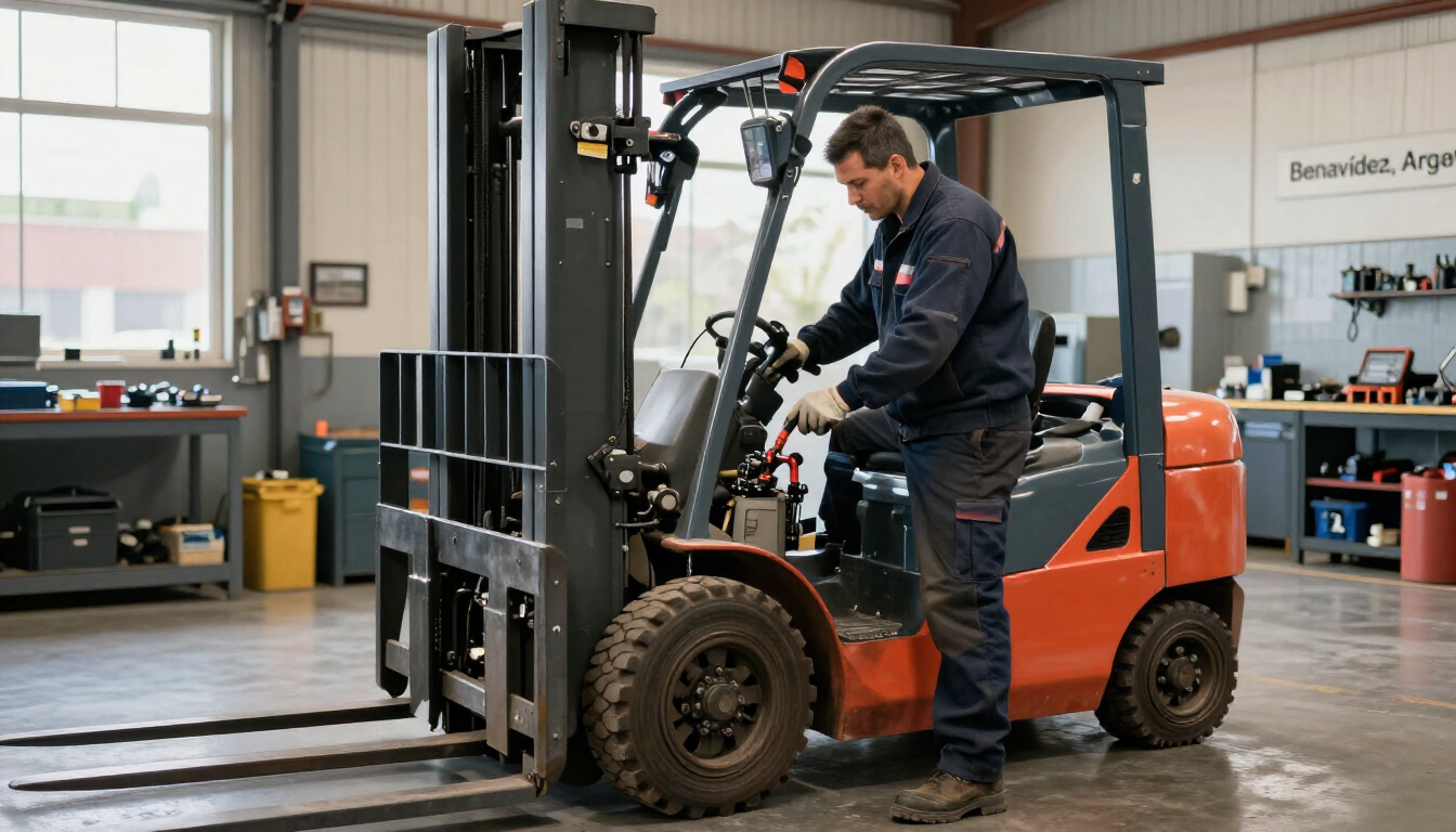 Técnico realizando reparación de autoelevadores en Benavídez