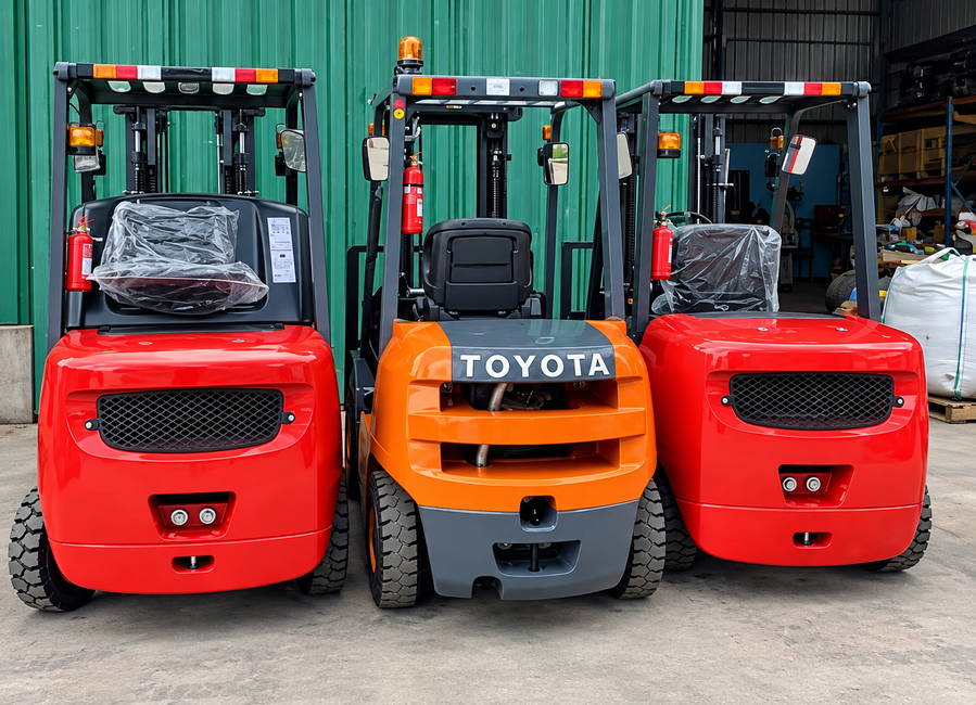 Tres carretillas elevadoras aparcadas una junto a otra en un almacén: dos rojas y una naranja de Toyota.