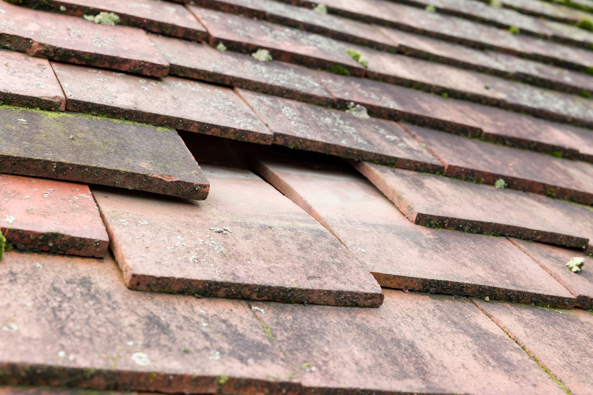 Loose roof tiles on a weathered shingle roof, with one tile lifted out of place Loose roof tiles on a weathered shingle roof, with one tile lifted out of place