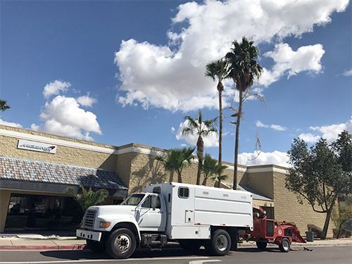A white truck is parked on the side of the road in front of a building.