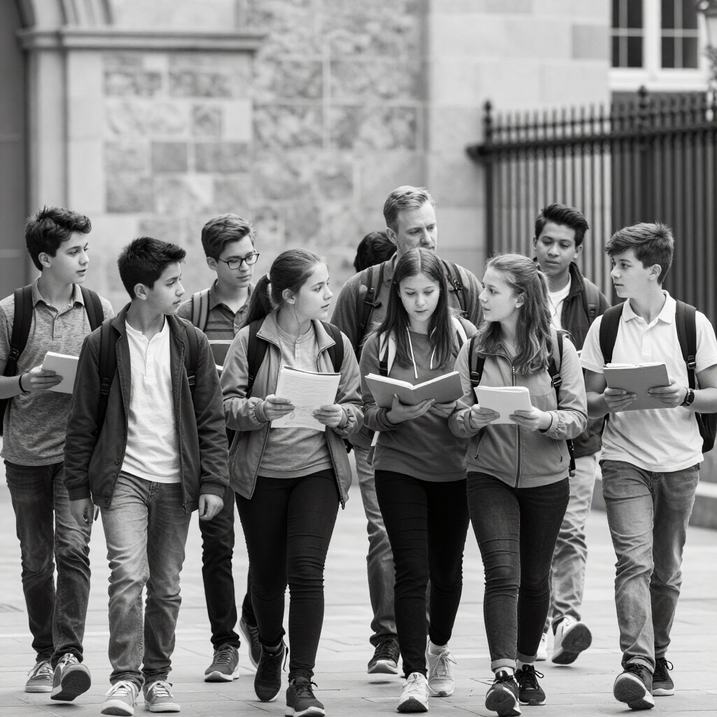 students on field trip with books