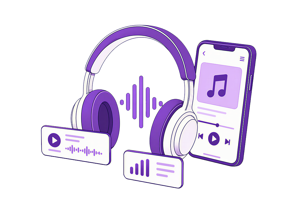 Purple headphones with a smartphone and music controls, representing audio playback and streaming