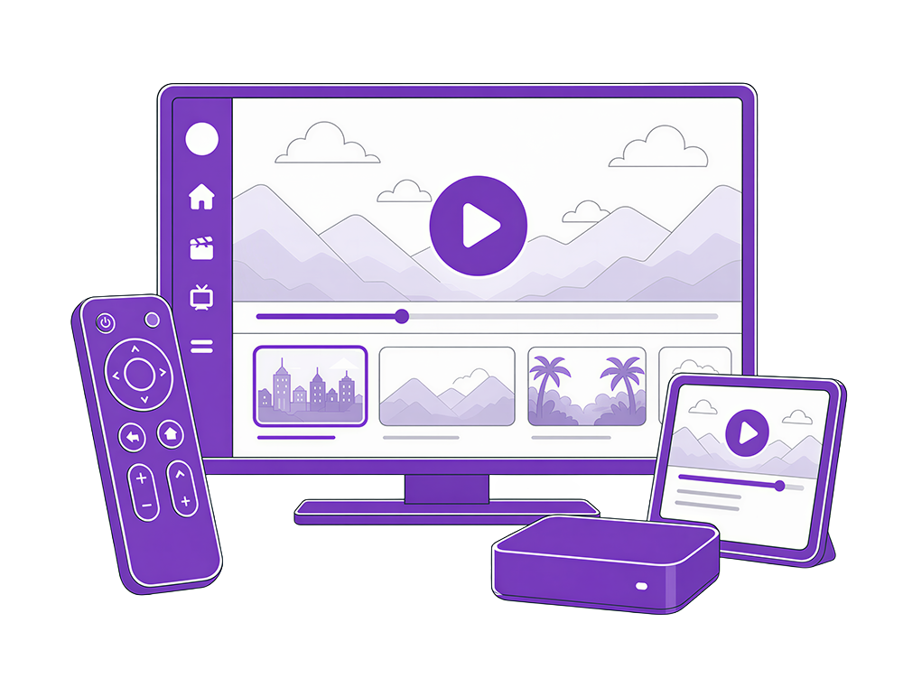Purple media streaming devices with a TV, remote, and tablet illustration