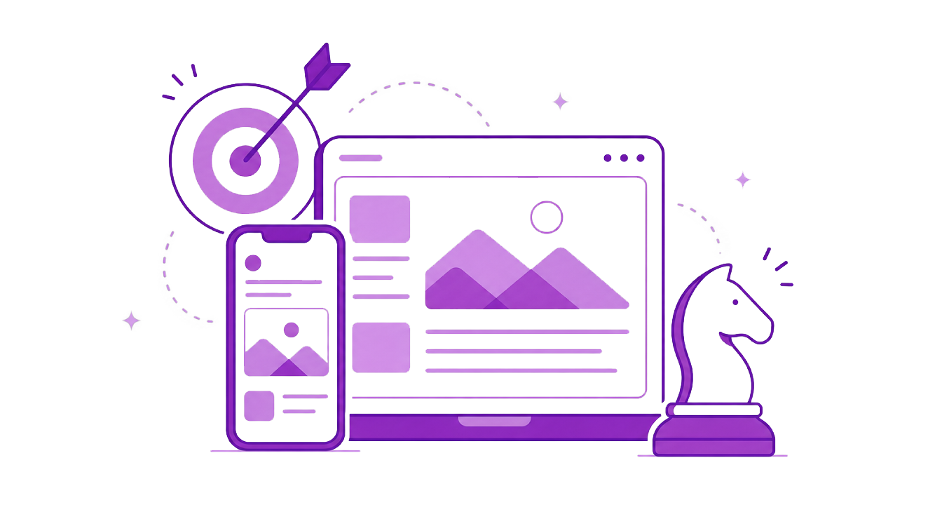 Purple background with three black puzzle pieces showing a pencil, gears, a paint palette, and a light bulb icon.
