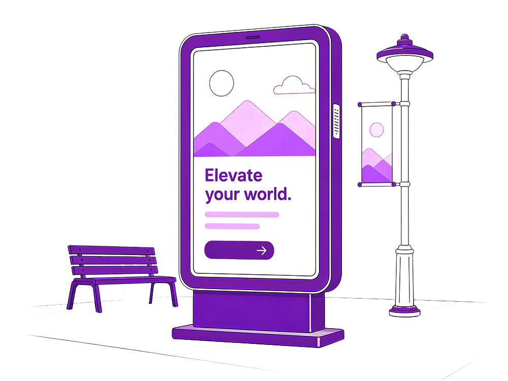 Purple digital billboard reading “Elevate your word” beside a bench and streetlamp