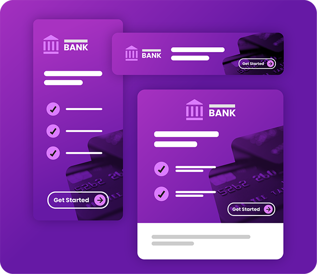 Purple bank digital ad mockups with checkmarks, and “Get Started” buttons
