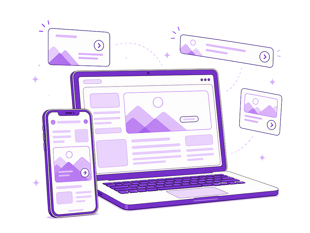 Purple illustration of a laptop and smartphone with floating app interface cards