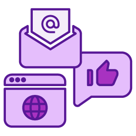 Purple icon set with email, web browser, and thumbs-up chat bubble icons