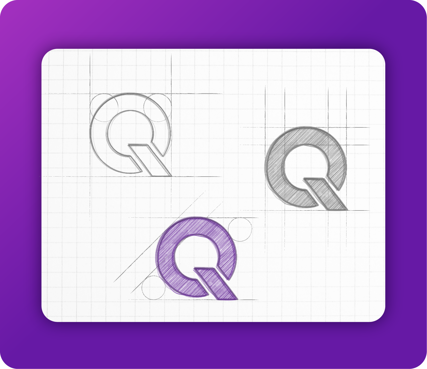 Purple logo with a stylized Q in sketch, gray, and purple variations on grid paper background