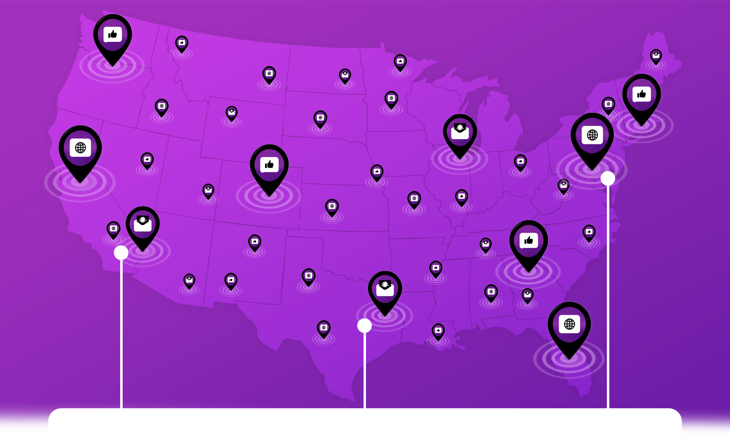 Purple map with location pins and icons marking multiple points across a country-shaped region