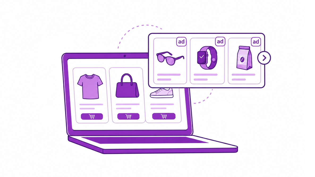 Three black icons on purple: search, selected group of people, and shopping cart connected by dotted lines.