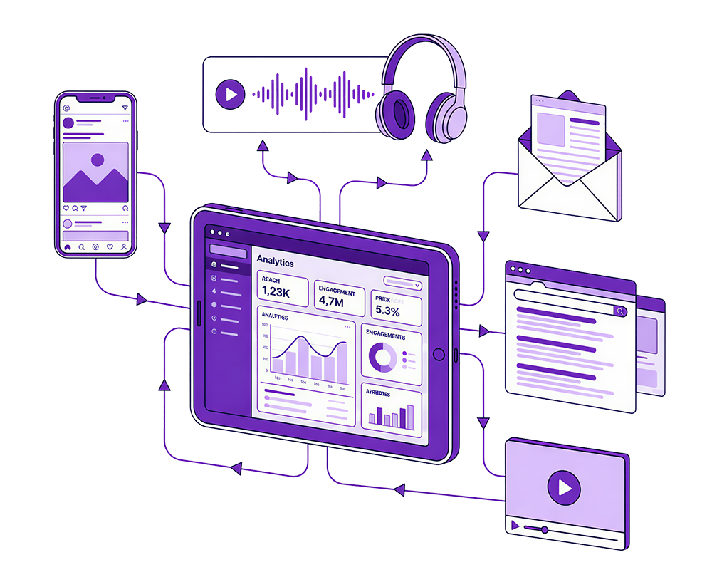 Purple digital dashboard with charts and connected media icons for phone, audio, email, and video