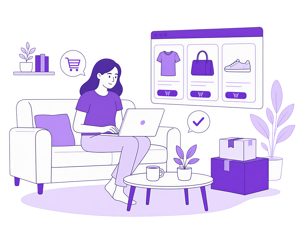 Woman shopping online on a laptop in a purple living room, with product icons and a checkmark on screen