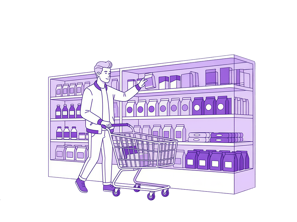 Person shopping with a cart in a purple-toned grocery store aisle