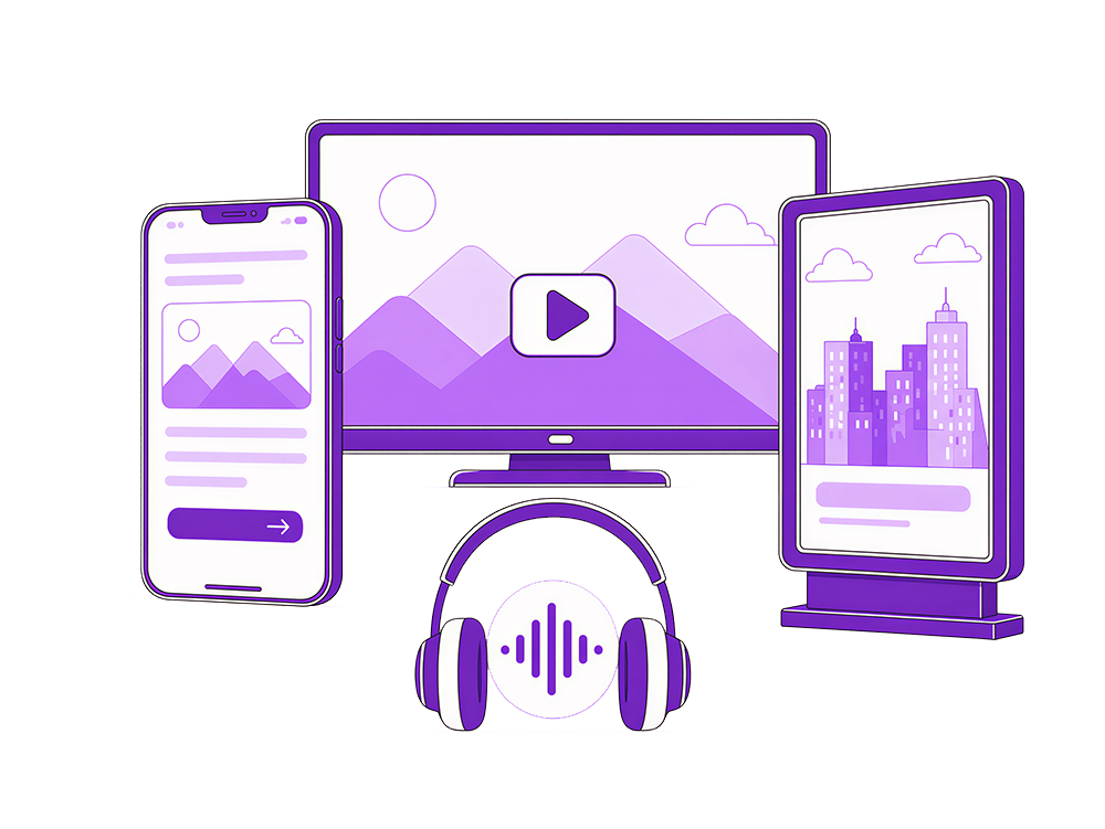 Purple media streaming devices like phone and television with video play icons and headphones