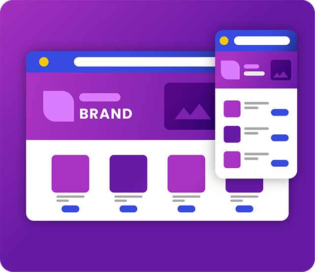 Purple website and mobile retail brand page with product cards and brand header on a purple background