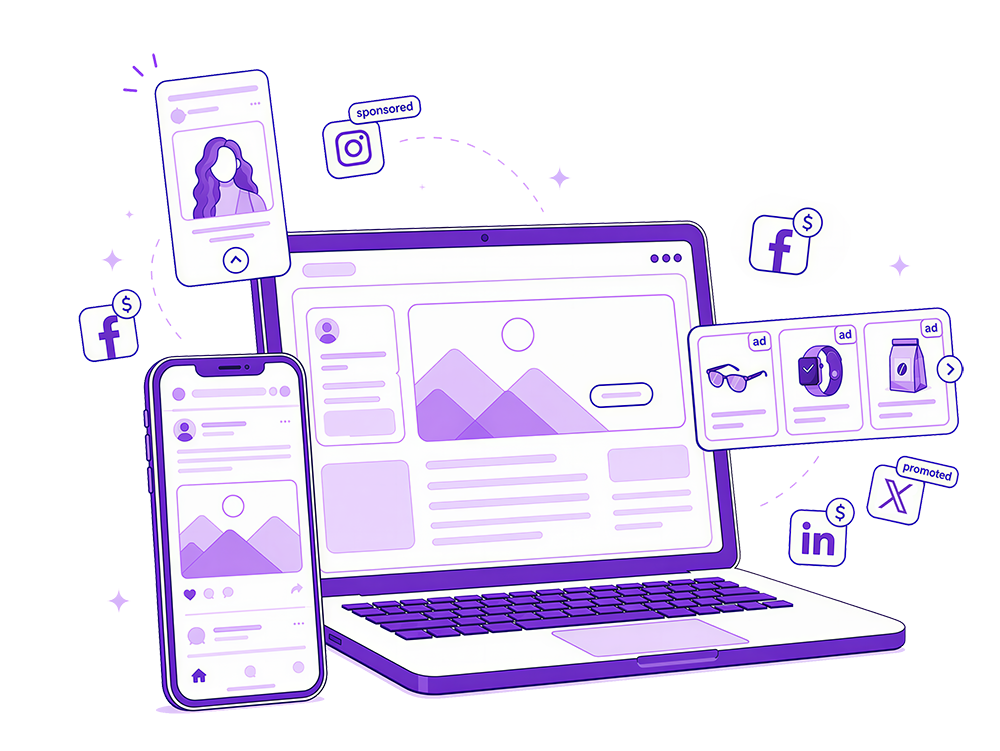 Purple illustration of laptop and phones showing social media analytics and app icons