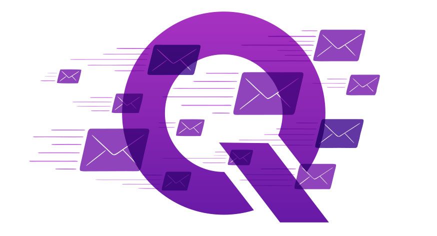 Purple Q logo with floating envelope icons, suggesting email or messaging connections