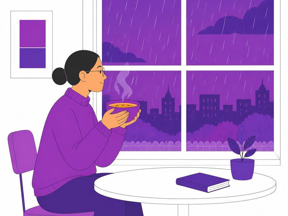 Woman enjoying a bowl of soup on a cold and rainy day. 